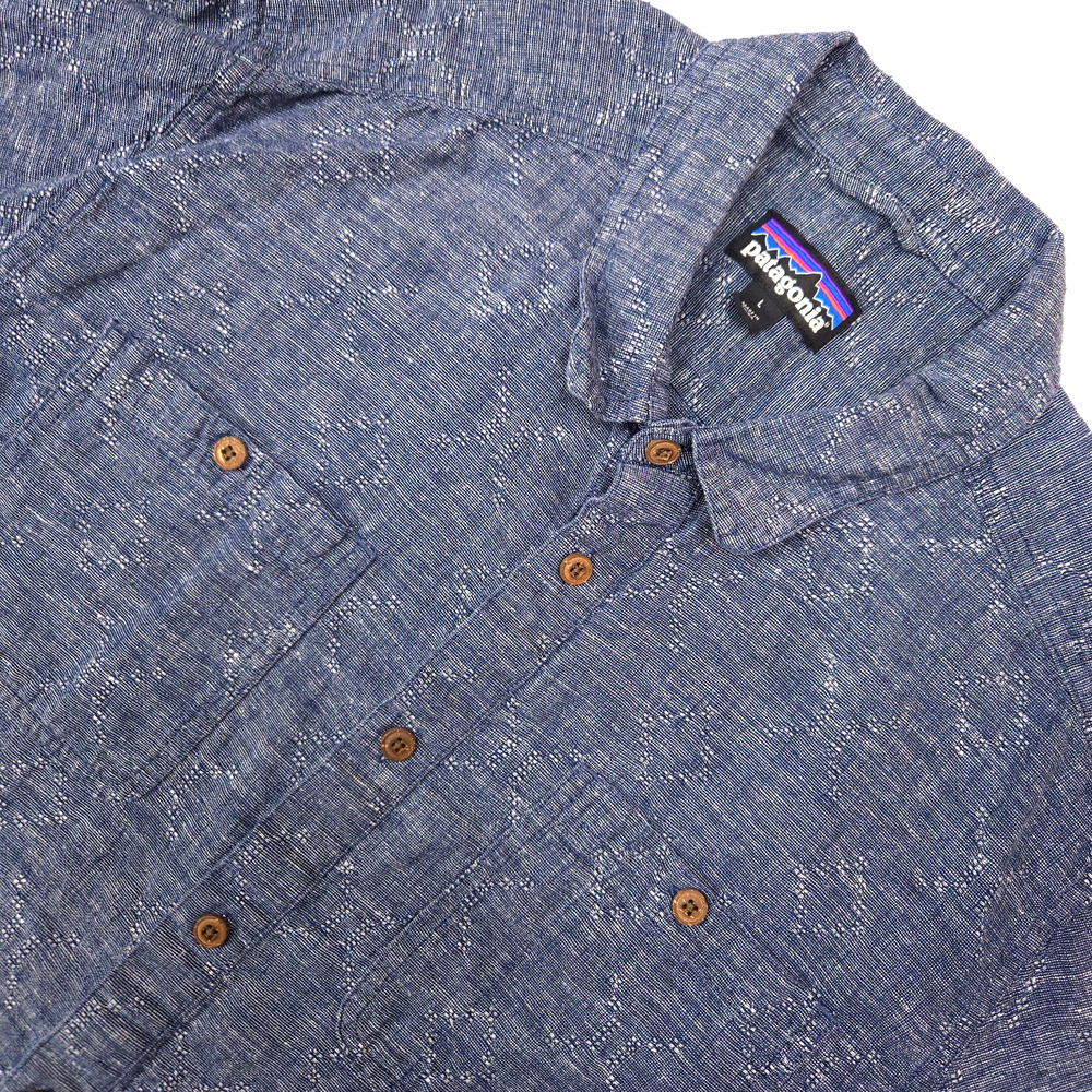 Patagonia Hemp Shirt Men's Large Blue Organic Cotton Short Sleeve Diamond